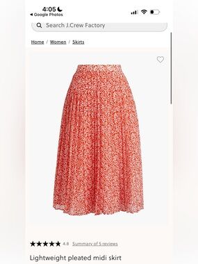 J. Crew Factory Red/Orange Floral Lightweight Pleated Midi Skirt